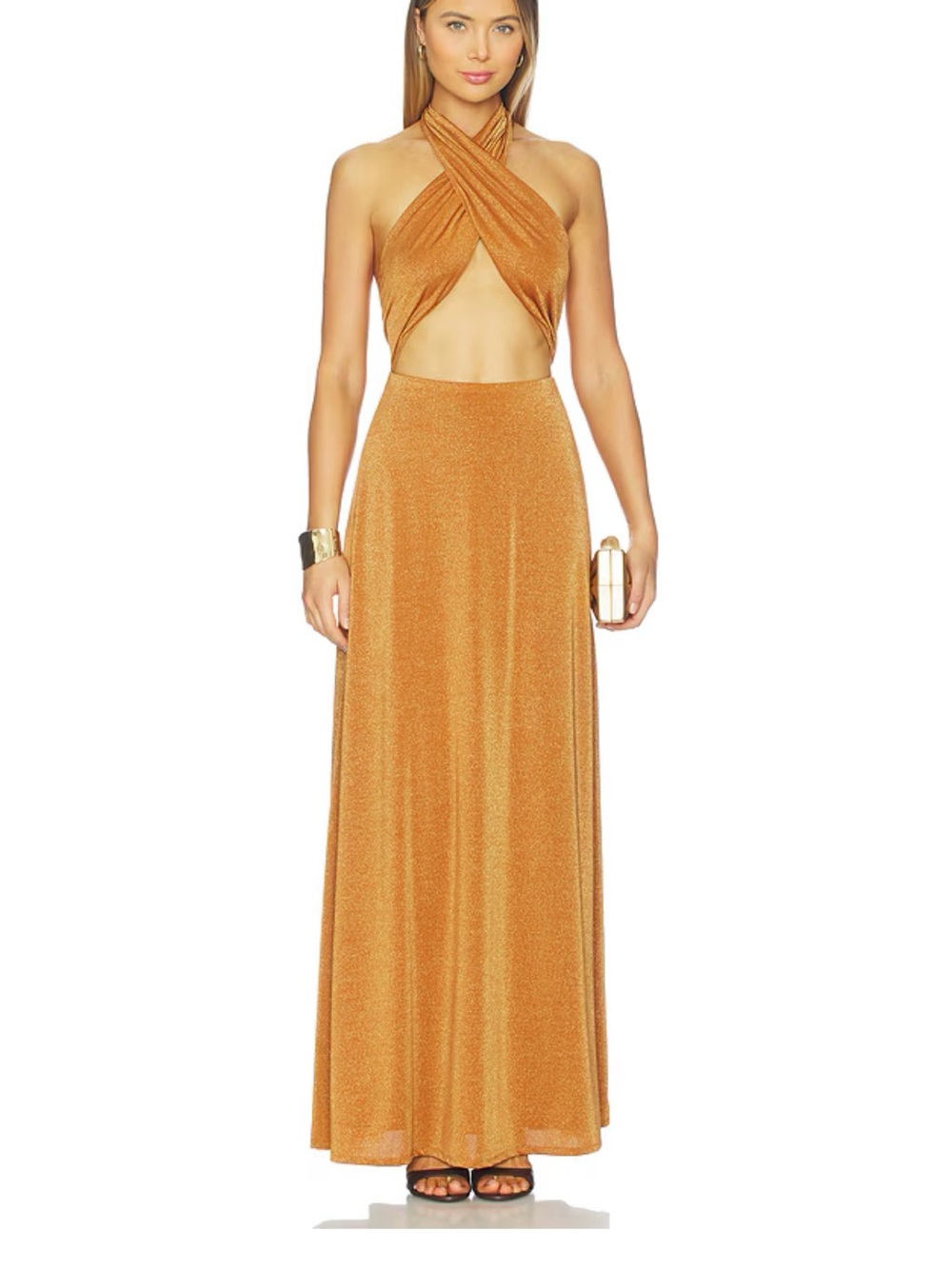 AFRM Metallic Gold Halter Cutout Maxi Dress